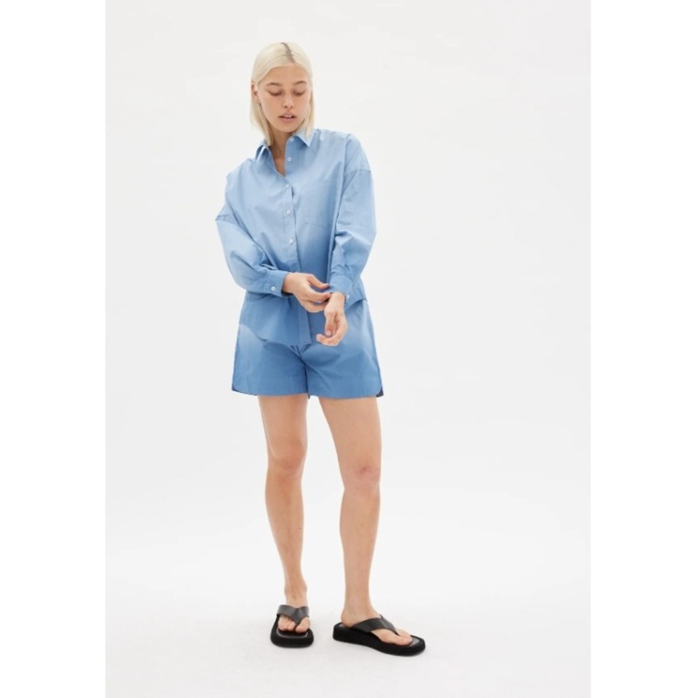 LMND Chiara Shorts Womens XS Blue 100% Cotton High Waist Elastic Pull On Pockets